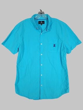 Psycho Bunny Short Sleeve Button Down Shirt Blue Pima Cotton XL Logo Pocket Aqua